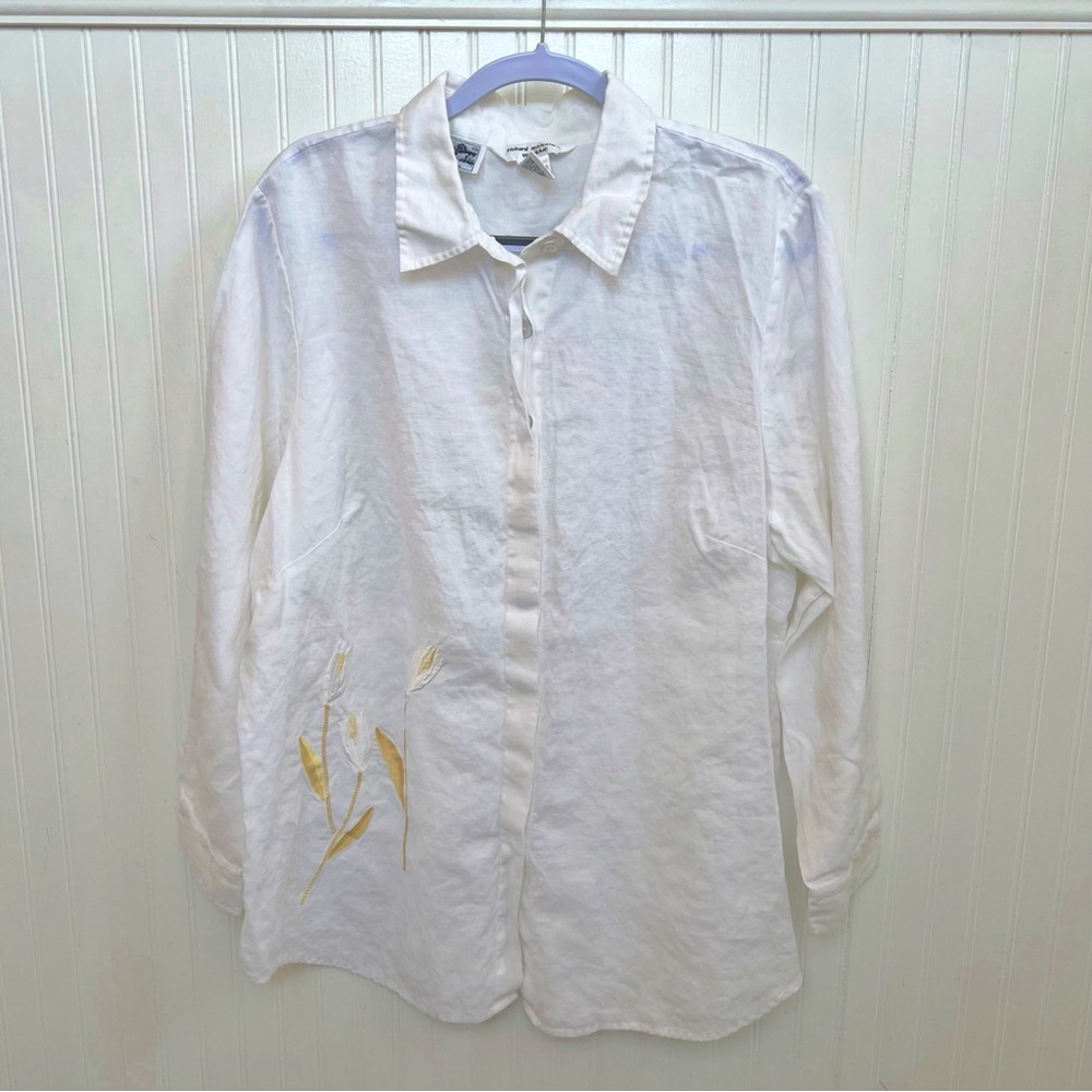 Richard Malcolm White Tulip Embroidered 100% Irish Linen Button Up Plus Size 2X